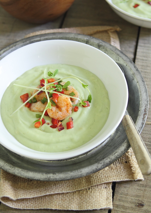 Chilled avocado soup with lime shrimp