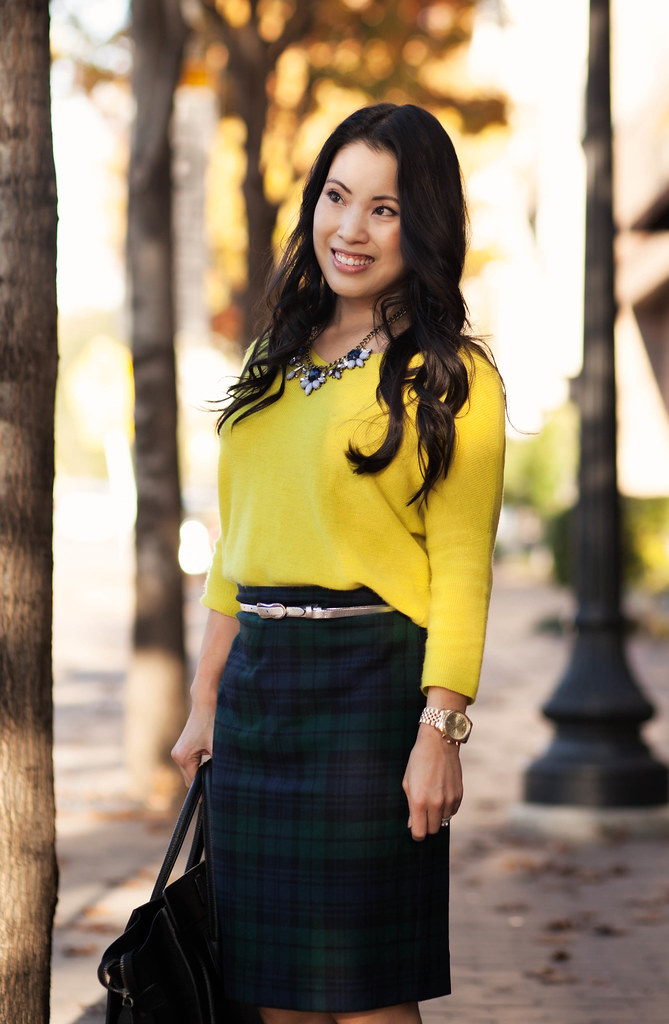 cute & little blog | neon yellow sweater, tartan plaid j. crew factory pencil skirt, silver belt, flower statement necklace outfit | fall trend
