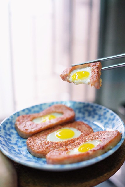 Egg in the hole with Luncheon Meat