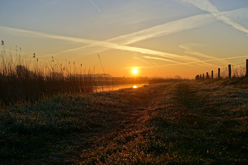 sun sunrise dawn dew morning early water landscape waterscape path field walk hike march holland wet stripes sky clouds