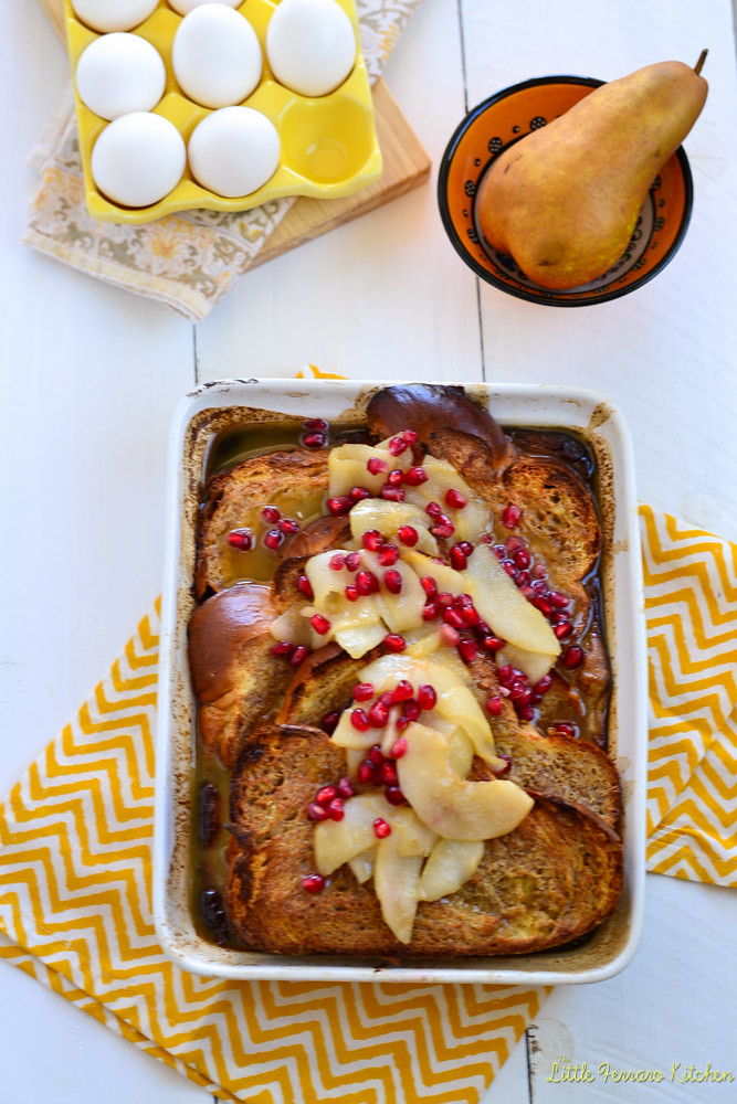 Baked Eggnog French Toast with Sauteed Pears and Pomegranates via LittleFerraroKitchen.com