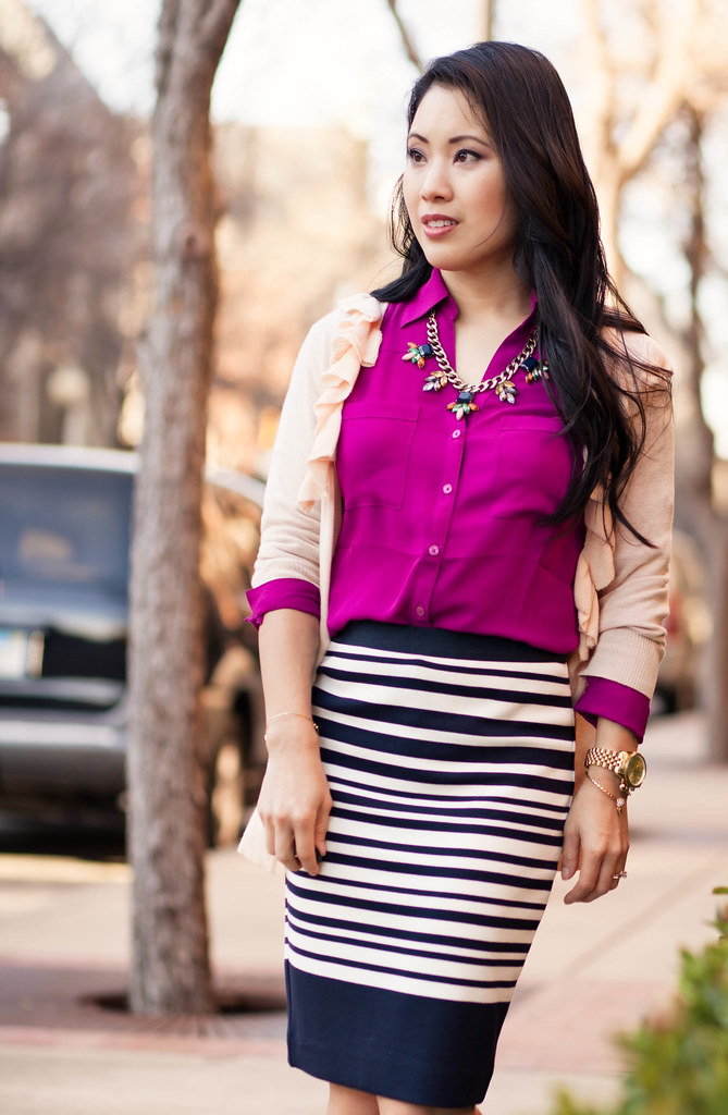 cute & little blog | petite fashion | spring layers outfit | pink ruffle cardigan, radiant orchid shirt, striped pencil skirt, statement necklace