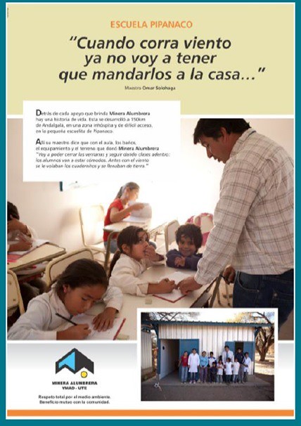 Escuela Pipanaco. El compromiso de Alumbrera con la Educación, la Capacitación y el Desarrollo Sostenible.