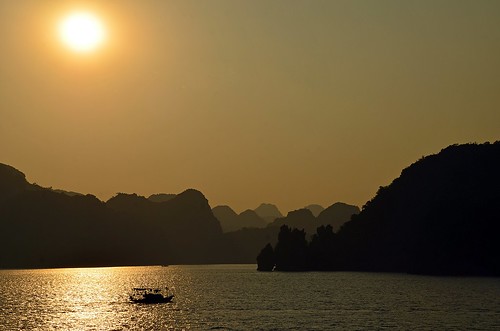 sunset sea sun mountain water boat fishing asia vietnam halongbay haiphong