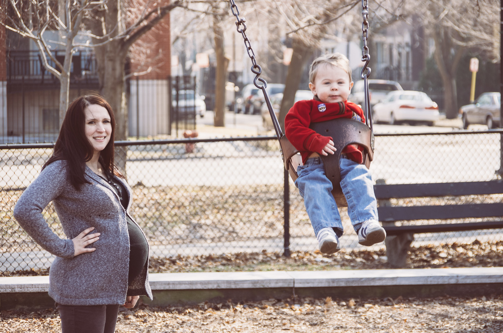 Micah swinging + Mommy (+ brother)