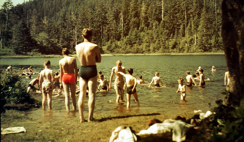 Boys church Camp 1940's Twin Rocks Oregon Coast - Swimming in the Lake - Detail