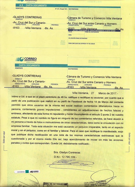 Carta Documento a la Cámara de Comercio de Villa Ventana - Noticias Radio  Reflejos