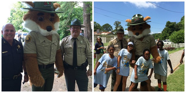 Norfolk Sheriff Bob McCabe and False State Park Manager Kyle Barbour introduce Ranger Parker Redfox to the summer camp kids.  Book a Ranger Parker Redfox appearance at your event!