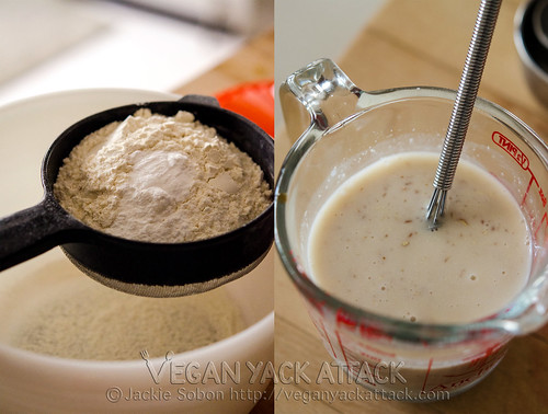 left pic: sifting flour mixture into bowl, right pic: liquid mixture in measuring cup with whisk