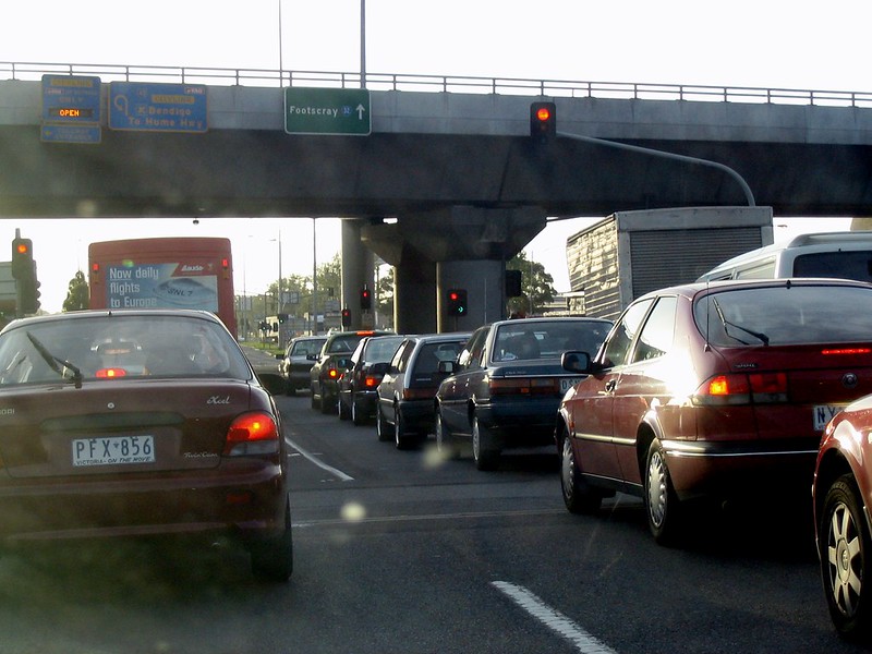 Footscray Road westbound, waiting for a freight train (February 2004)