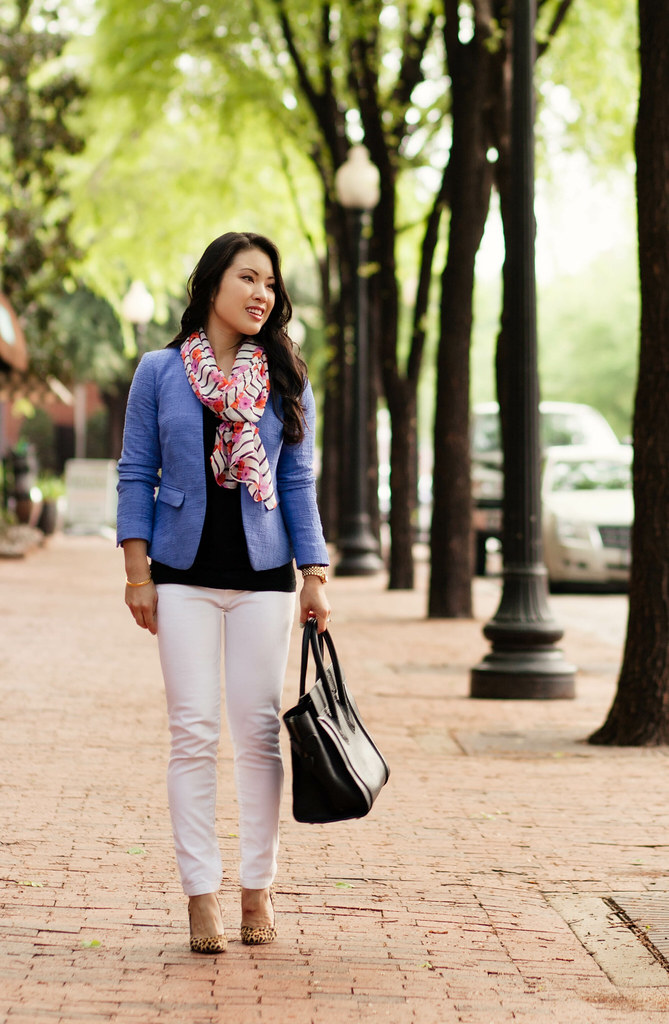 cute & little blog | blue blazer, floral stripes scarf, white jeans, leopard pumps | spring pattern mix outfit