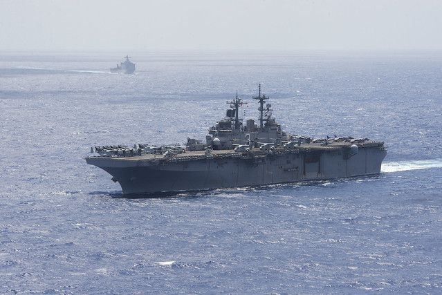 USS Kearsarge and USS Oak Hill participate in an amphibious integration exercise.