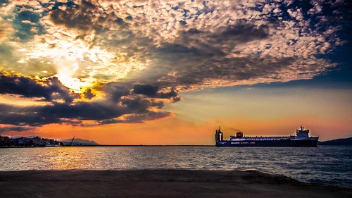 blue sunset sea clouds port ship cloudy corinth cargo greece