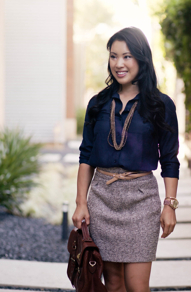 navy silk button down shirt, tweed mini skirt, red suede pumps outfit #ootd