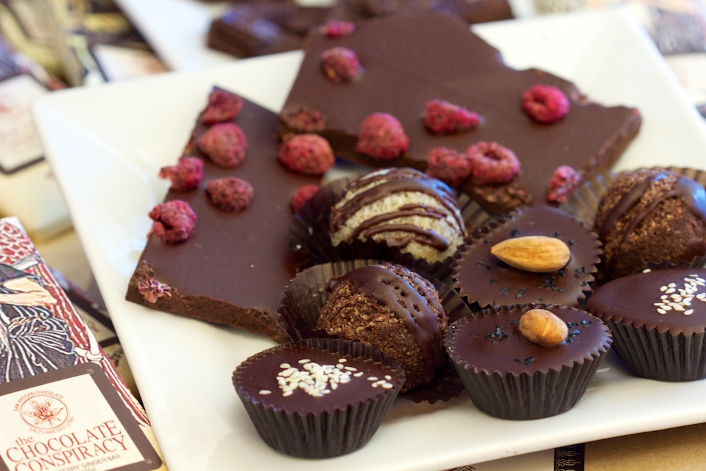 Chocolate Truffles, Cups, Gourmet Ginger Chocolate Bar, and Raspberry Inclusions