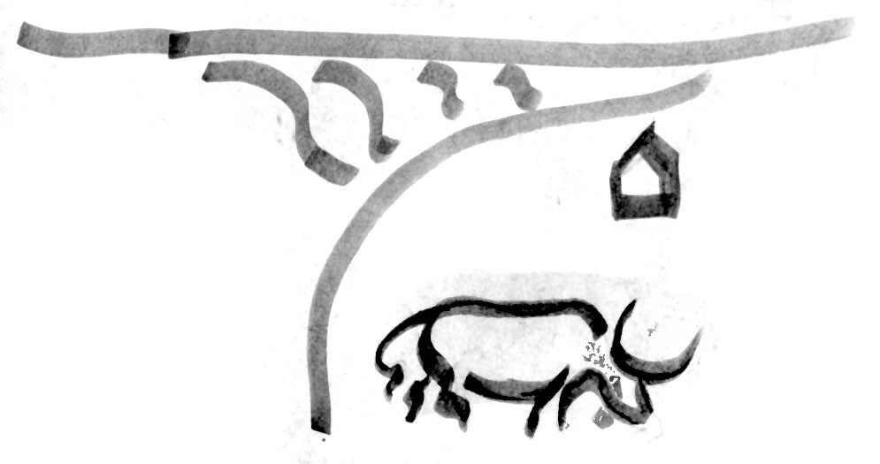 Cow, tree, hut