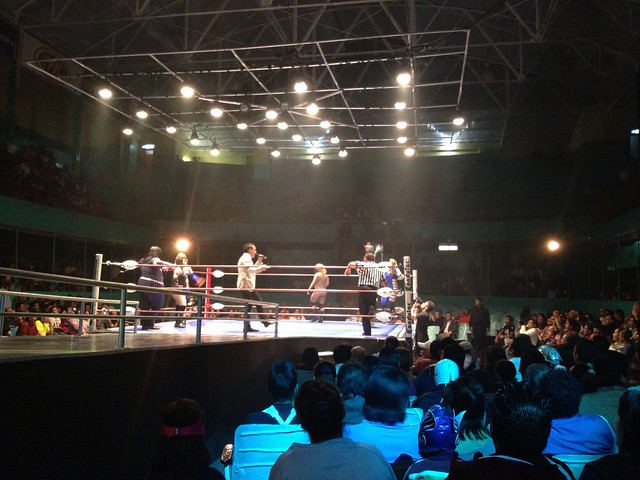 The female wrestlers are in the ring