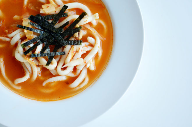spicy udon and kimchi soup