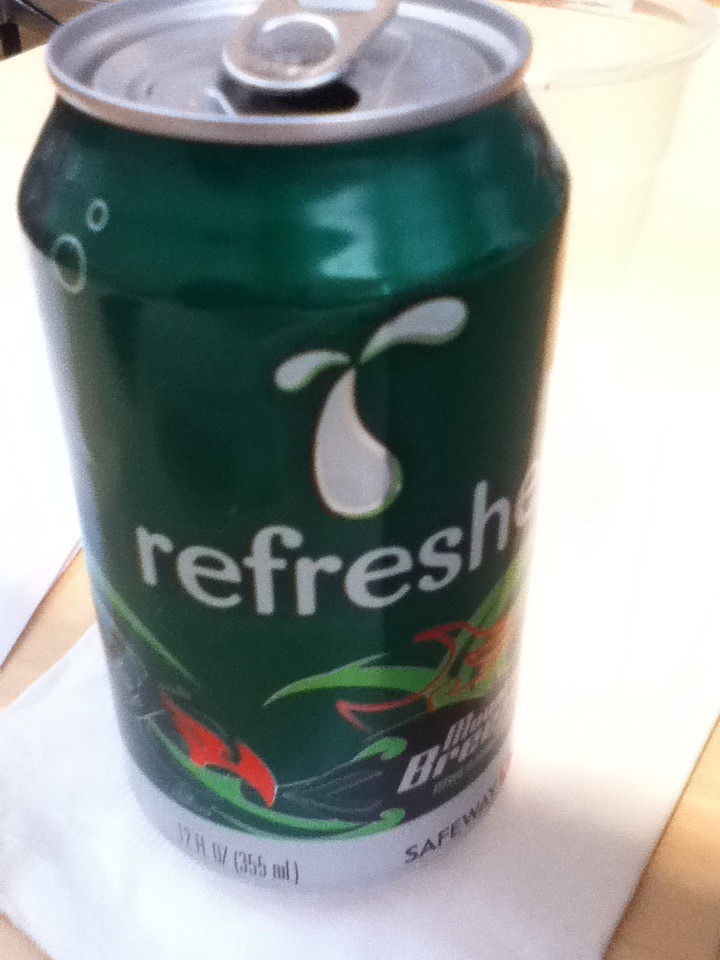 Refresh Mountain Breeze Soda, My real first name My real last name, in a Green Aluminum 335ml Can from Safeway Supermarket Somewhere in California.