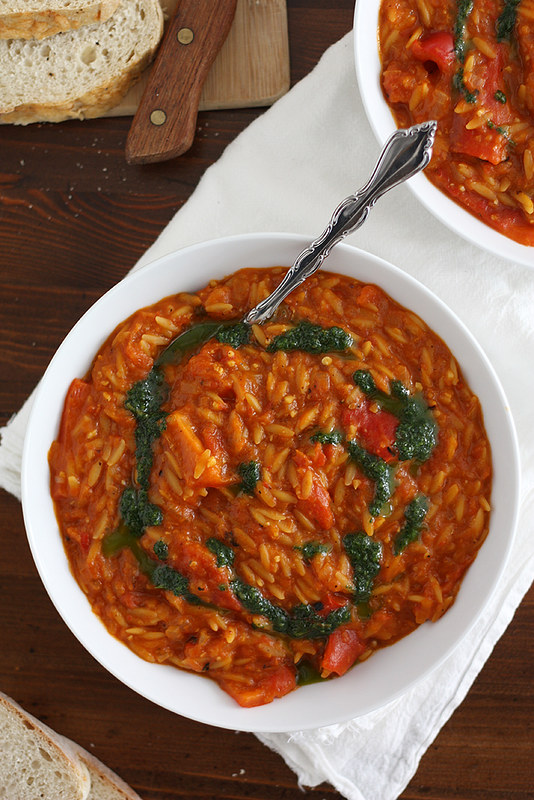 Chunky Red Pepper Soup with Orzo and Herb Oil | Girl Versus Dough
