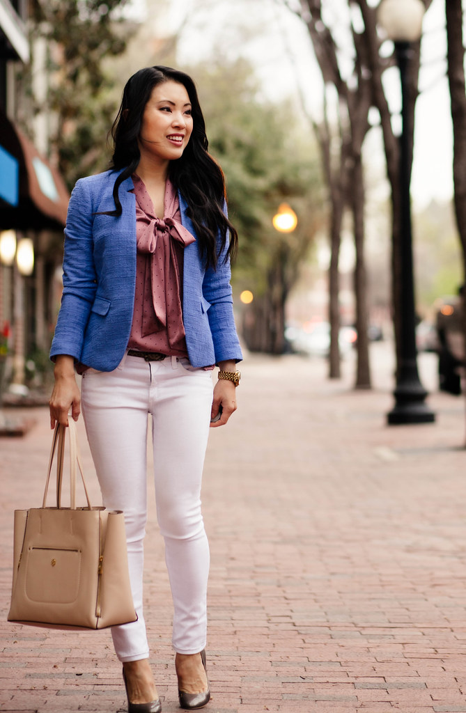 cute & little blog | petite fashion | cornflower blue blazer, pink polka dot bow blouse, white jeans, nude gallery tote outfit