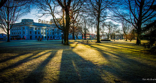park trees grass silhouette sign vancouver sunrise bench table shadows lawn trainstation parkbench vancouverbc picnictable thorntonpark longshadow pacificcentralstation vancouvercity inapark cans2s tedsphotos
