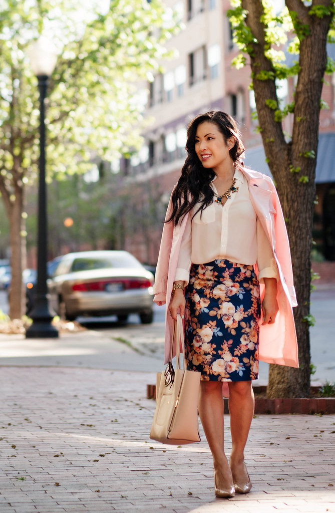 cute & little blog | petite fashion | pink trench, white blouse, j.crew antique floral pencil skirt, statement necklace | spring outfit