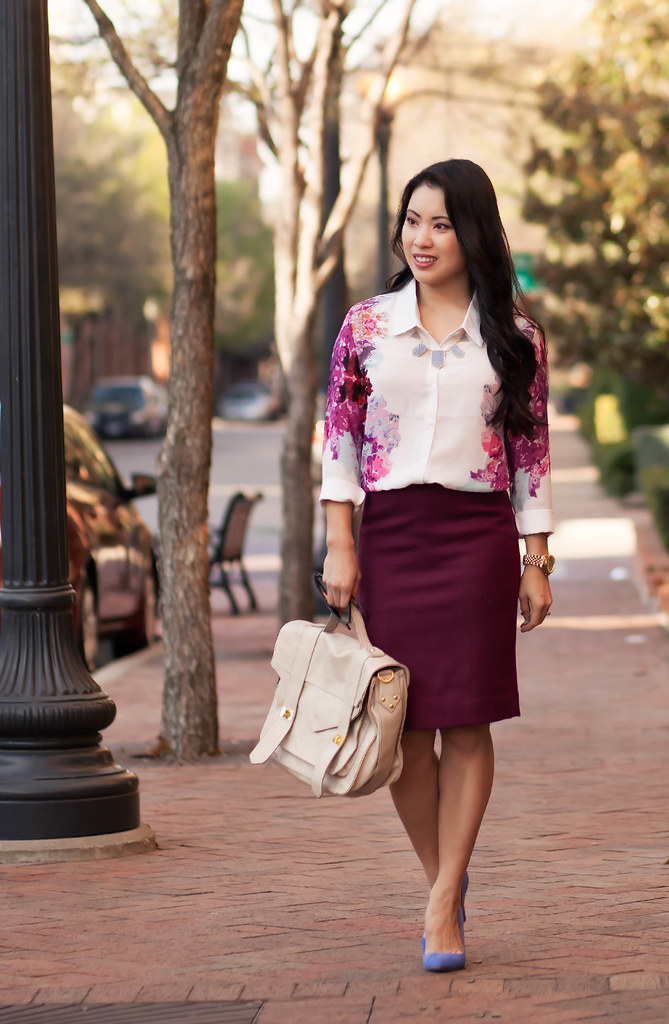 cute & little blog | petite fashion | rosy pink floral shirt, burgundy pencil skirt, blue suede pumps outfit