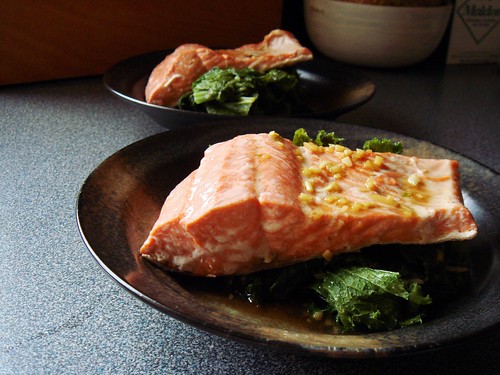 Steamed Wild Salmon with Mustard Greens, Soy Sauce, and Ginger