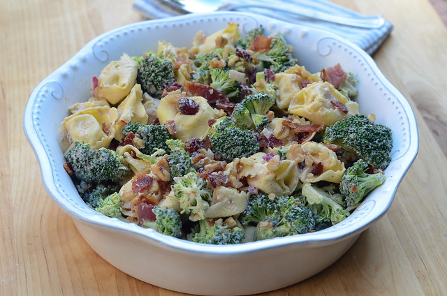 A bowl of Tortellini Broccoli Salad.
