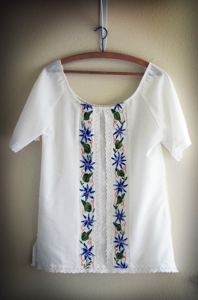 Vintage Large Mexican White Shirt with Blue Embroidery and Lace
