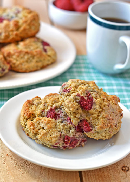 Raspberry Scones with Oatmeal on two white plates