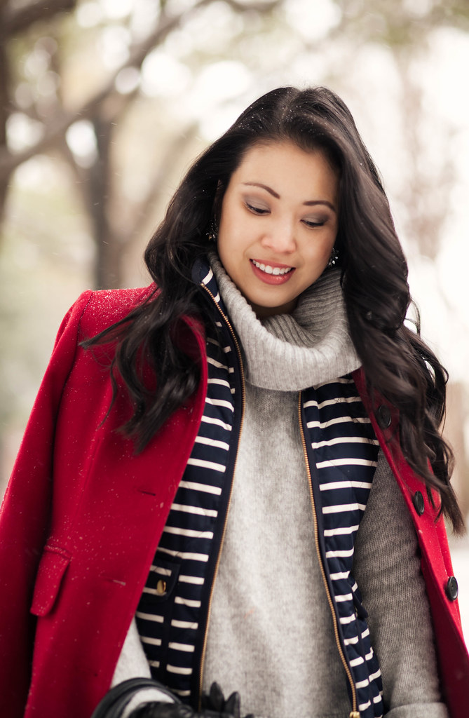cute & little blog | red coat, striped vest, gray cowl sweater, leather gloves | winter cold weather layers outfit