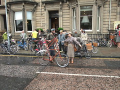 The first Edinburgh Harris Tweed Ride gathering outside Bonham Hotel