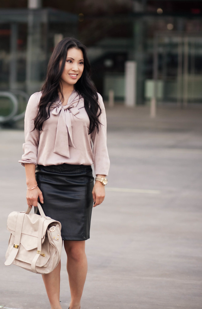 cute & little blog | pink bow top, leather pencil skirt, fall trend, outfit, petite fashion
