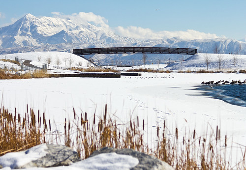 bridge winter usa snow landscape utah geese ut frozenlake southjordan 2014 mounttimpanogos saltlakecounty oquirrhlake daybreakutah