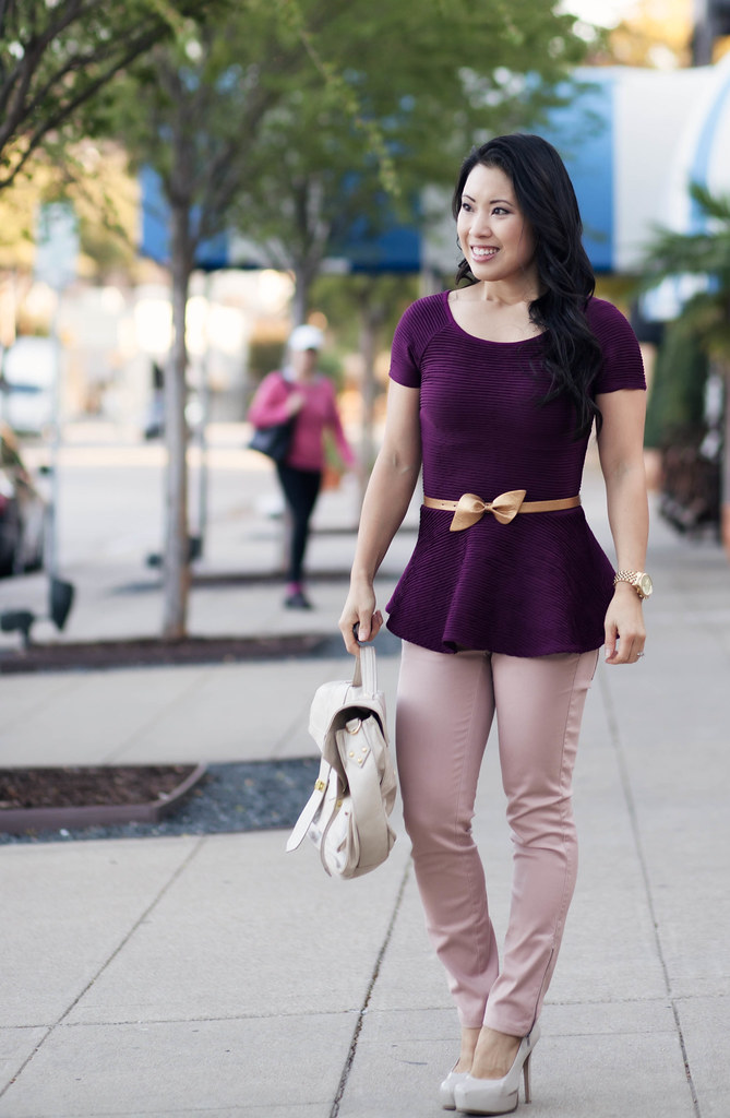 cute & little blog | purple peplum, gold bow belt, pink pants outfit #ootd