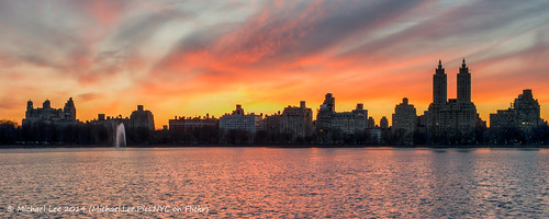 park sunset newyork west color reflection skyline central reservoir