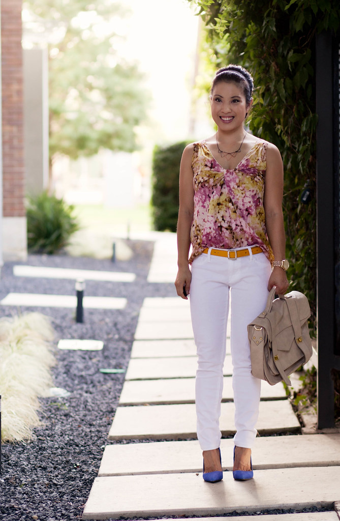 pink floral tank, white jeans, yellow belt, blue suede solemint bess pumps, outfit, style inspiration | cuteandlittle.com
