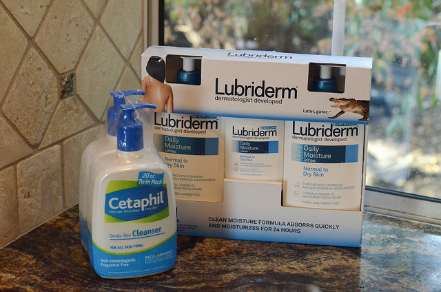 Cetaphil and Lubriderm on a kitchen counter.