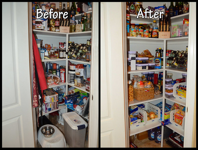 Before and after pictures of a messy pantry and a clean and organized pantry.