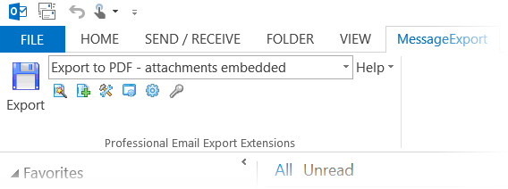 Image shows the MessageExport toolbar in Outlook 2013