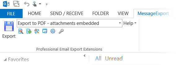 MessageExport toolbar for MS Outlook with "Export to PDF" selected.