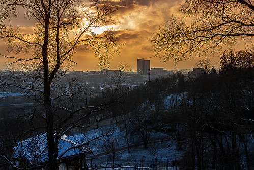 city winter sunset sky urban panorama snow cold evening town republic czech prague bohemia