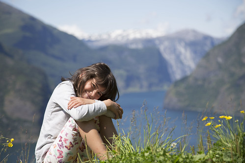 mountain snow flower water girl kid child view fjord