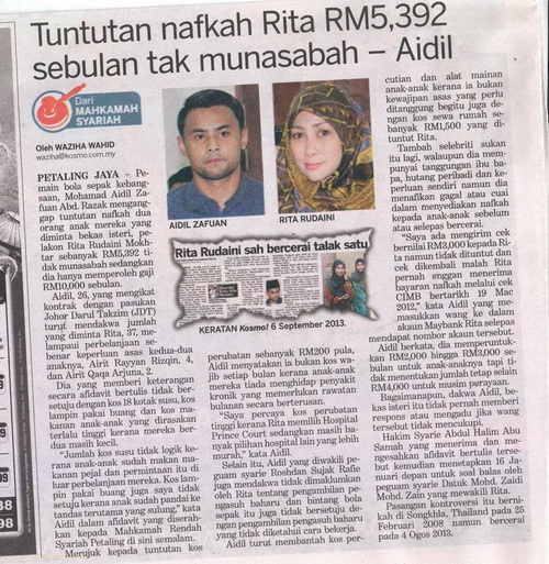 Aidil Bengang Rita Tuntut Nafkah Rm5,392