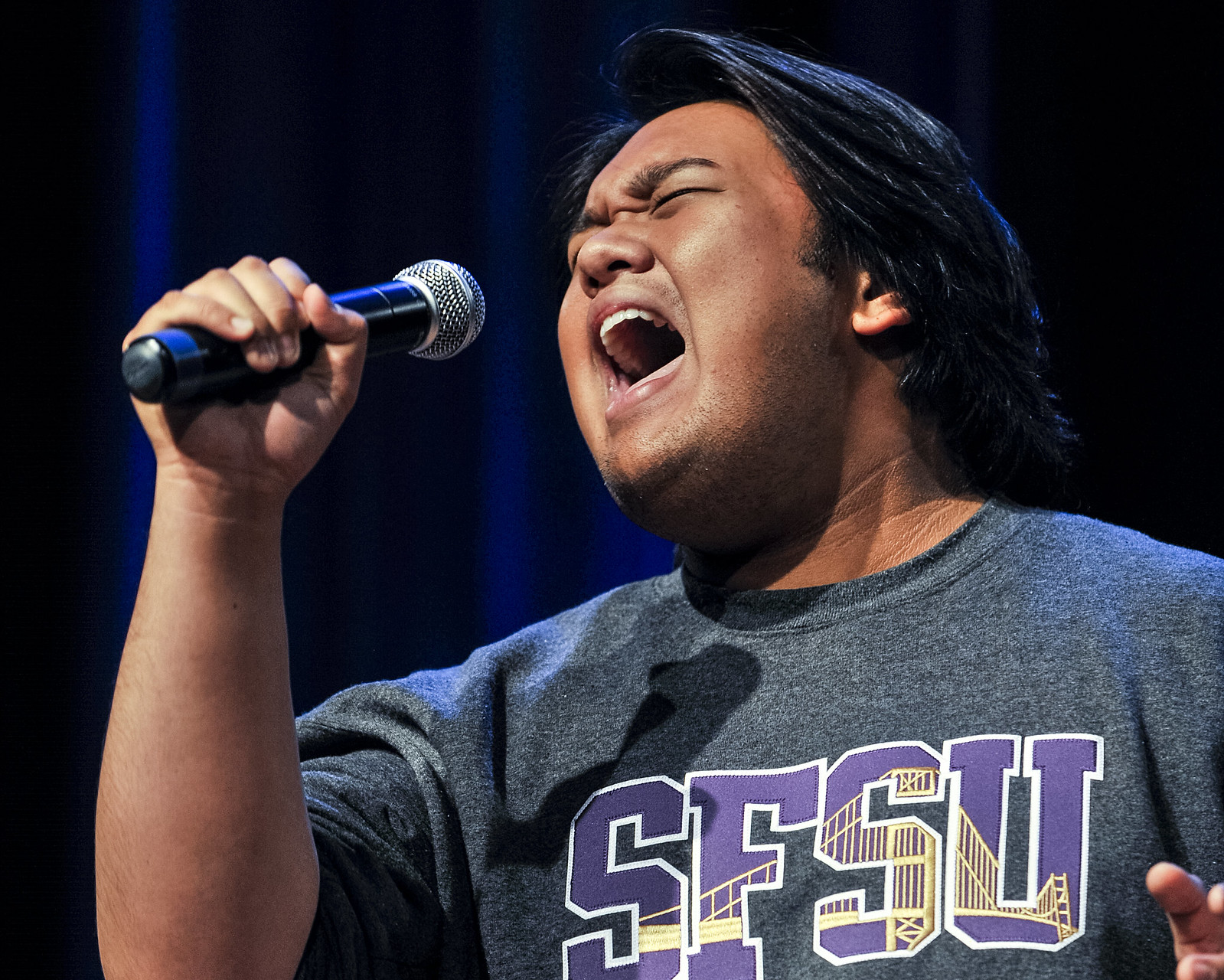 Kai Santiago giving it his all during his audition for the SF State's Voice singing competition in Jack Adams Hall in the Cesar Chavez Student Center on Wednesday, Oct. 2, 2013. Photo by Benjamin Kamps / Xpress