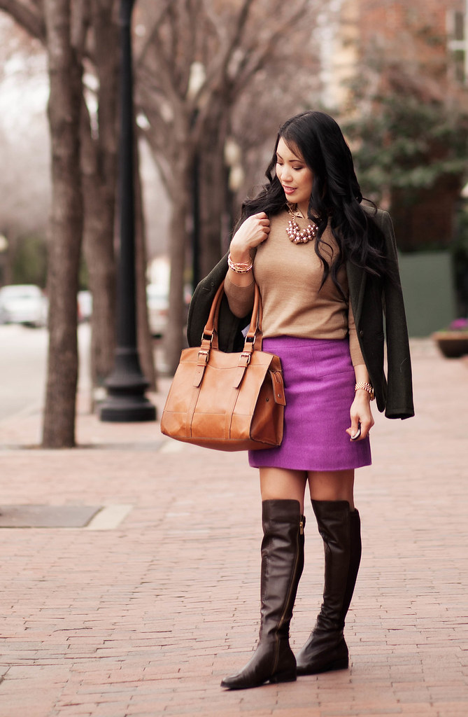 cute & little blog | olive wool blazer, polka dot camel sweater layering, radiant orchid mini skirt, pearl cluster statement necklace, michael kors bromley brown over the knee otk boots | winter outfit