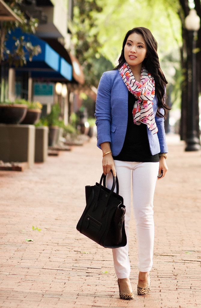 cute & little blog | blue blazer, floral stripes scarf, white jeans, leopard pumps | spring pattern mix outfit