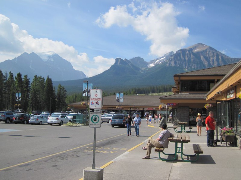 Mount Temple from the bus stop at Wilsons Sporting Goods in the Samson Mall in the Town of Lake Louise